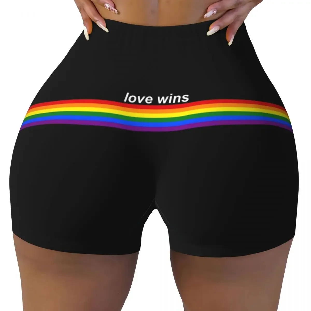 Custom Women Love Wins Pride Stripe Workout Yoga Shorts GLBT LGBT Gay Lesbian Pride Flag Athletic Gym Biker Running Shorts