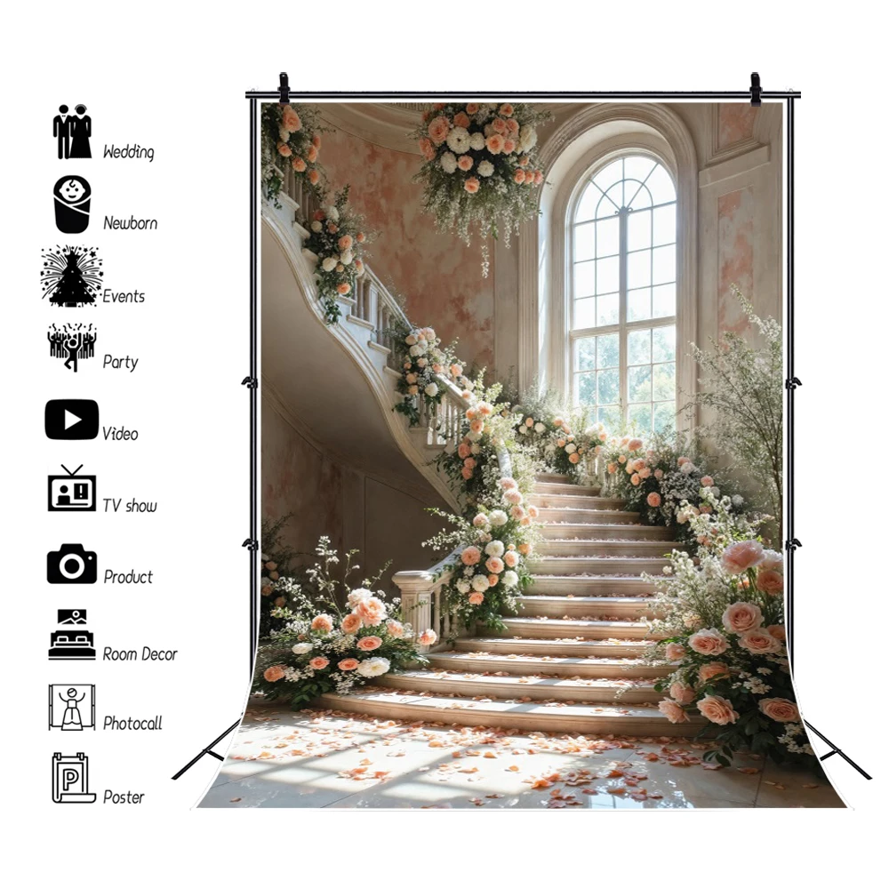 Элегантный цветочный фон для фотосъемки с белой розой для свадебной сцены, окна, лестницы, шикарная стена, портрет невесты, фотофон