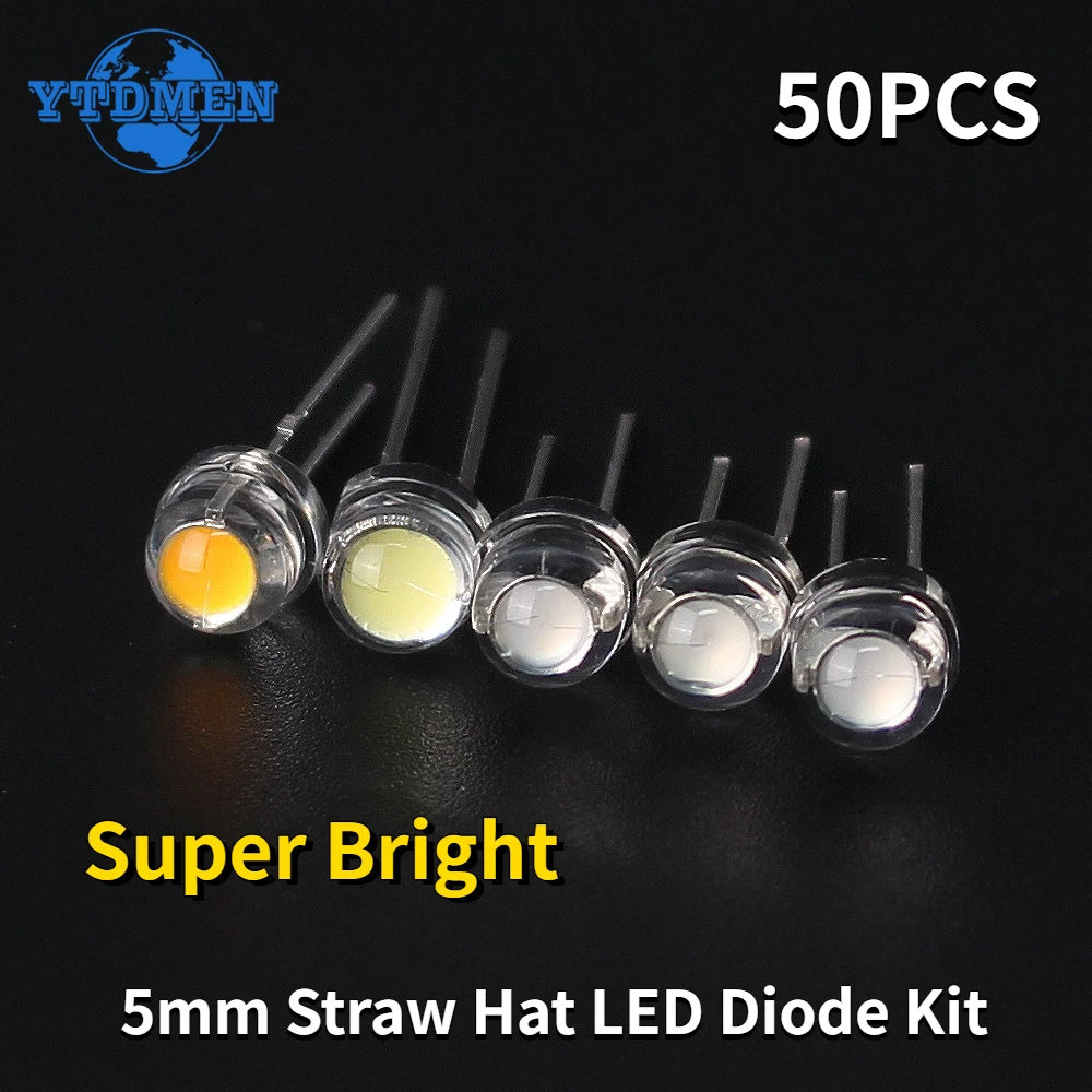 50 sztuk Super jasna dioda LED 5MM słomkowy kapelusz niebieski zielony czerwony żółty biały F5 LED emitujące światło dla majsterkowiczów elektroniczny