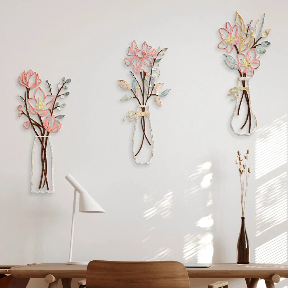 Iron Metal Wall Art Flower Plant Shows Sculpture Home Room Hanging Art Decor Unique Indoor Decoration Birthday Gifts 3pcs/Set