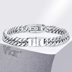 Vnox-pulsera de cuentas de acero inoxidable para hombre, brazalete de cadena cubana personalizado con 2-6 nombres, nunca se decolora, regalo para el Día del Padre