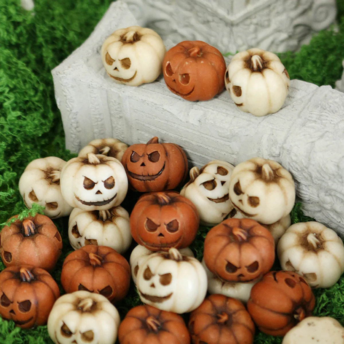 20Pcs Mini Ghost Face Pumpkin Decor Set - Halloween Resin Ornaments for Garden Potting, Micro Landscape & Party Decoration