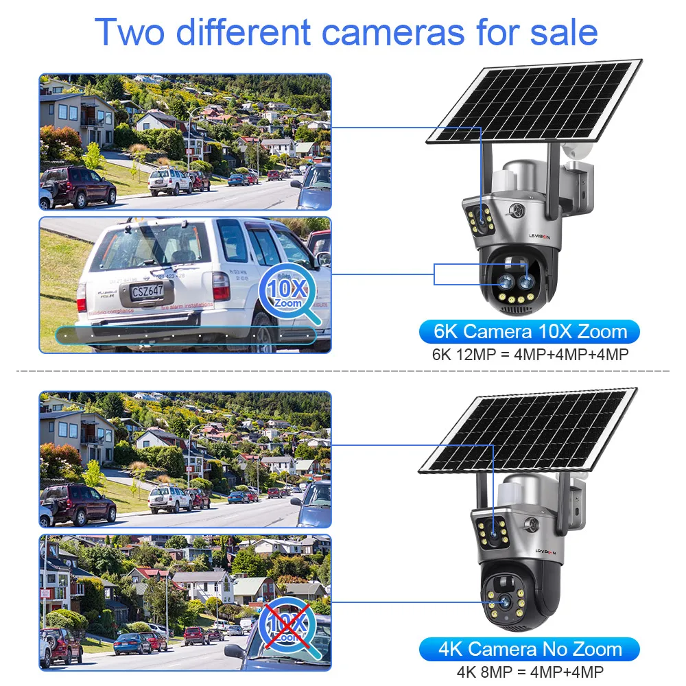 LS VISION 12MP 10X Zoom 4G SIM Solar Camera 6K Three Lens Outdoor Solar IP Security Camara PIR Human Detection CCTV PTZ Cam V380