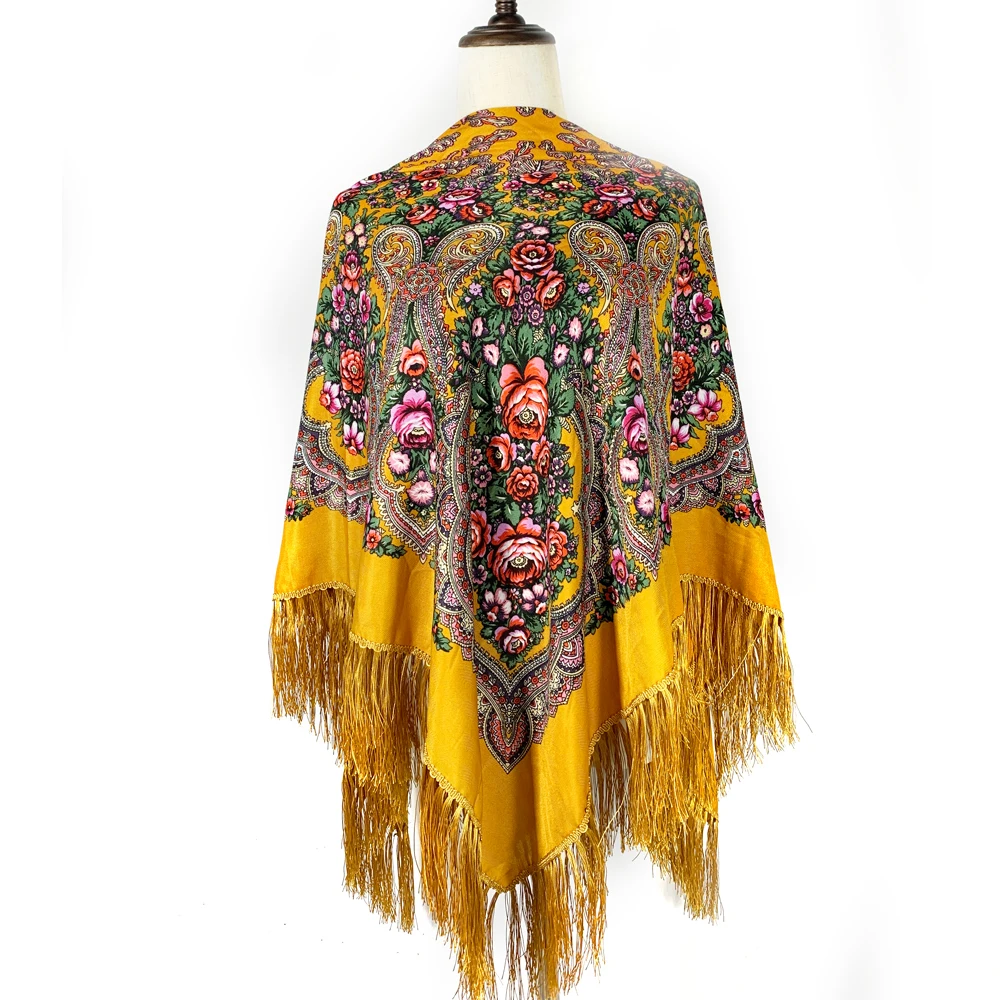 135*135cm Russian Women Square Scarf Luxury Floral Print Fringed Bandana Shawl Babushka Hijab Handkerchief Autumn Winter Shawls