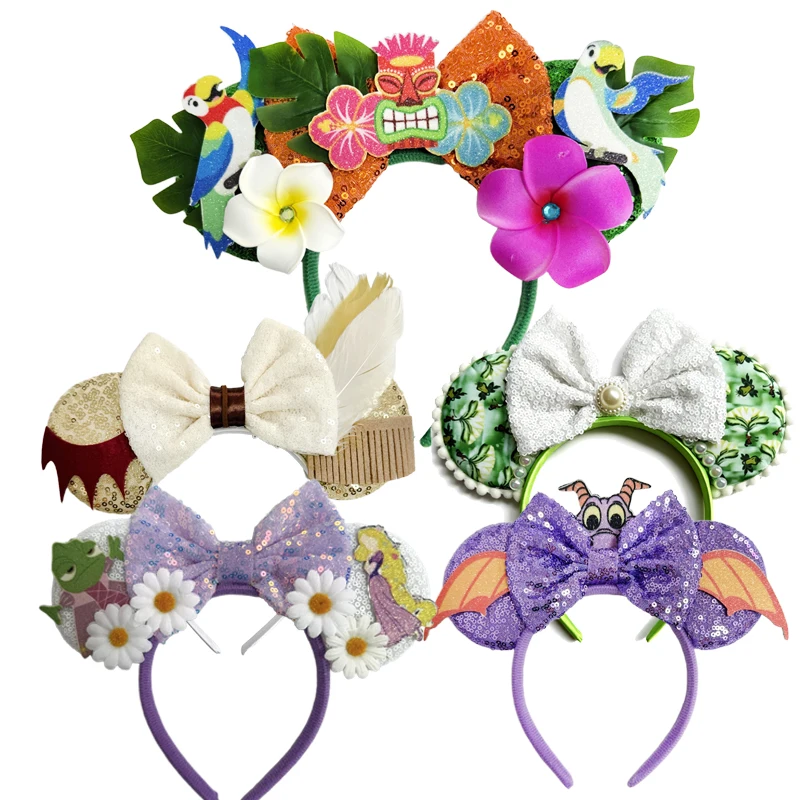 Cartoon Mickey Mouse Ear Headbands with Bow Sequin Flowers H