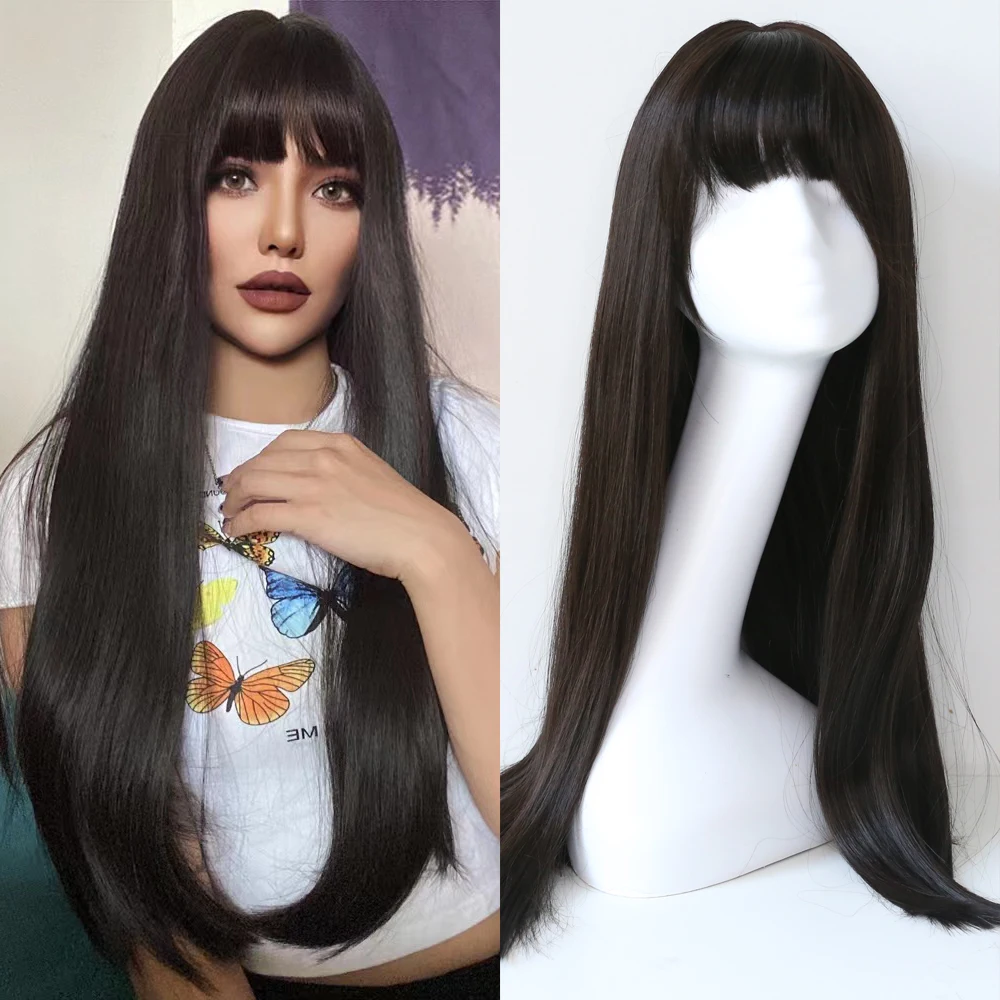 Sivir Synthetic Wigs For Women Long Silky Straight Hair with Bangs Brown-Black Color Heat Resistant Daily/Party/Cosplay