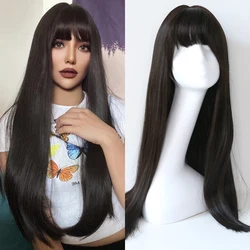 Sivir parrucche sintetiche per le donne capelli lisci setosi lunghi con frangia colore marrone-nero resistente al calore quotidiano/festa/Cosplay