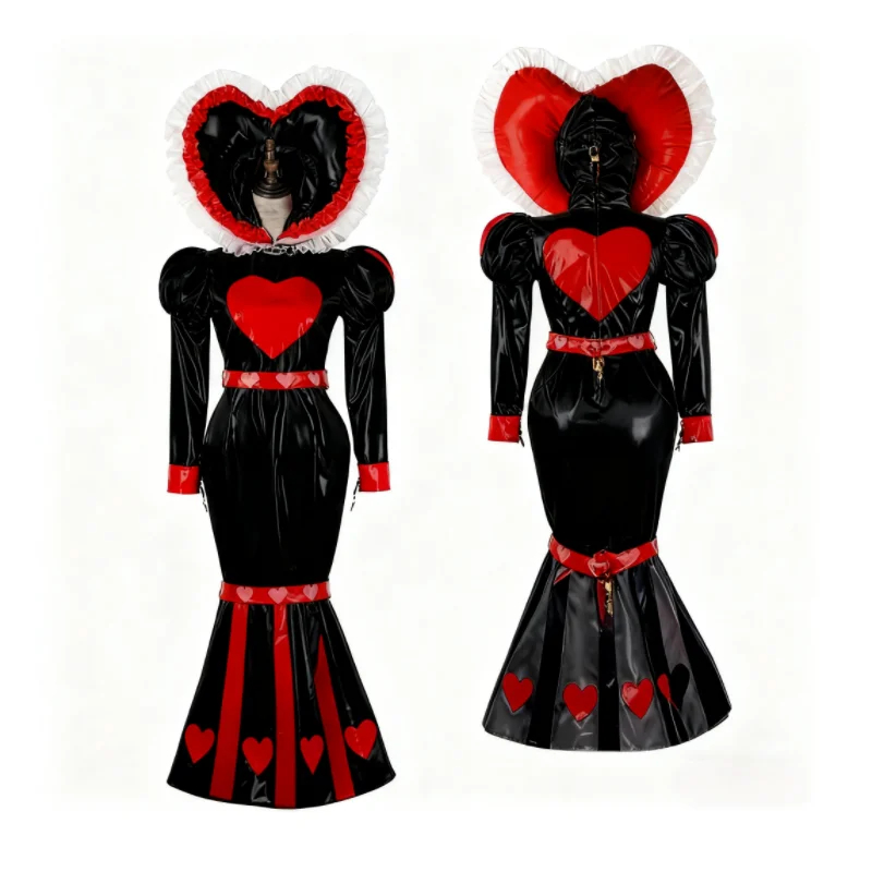 

French sexy maid sissy girl red black PVC heart-shaped chest lockable fish tail dress cosplay costume Halloween party customizat