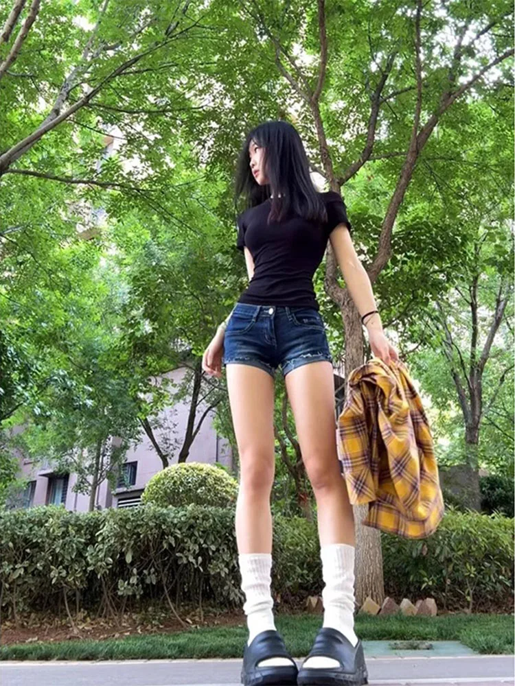 

Slimming High Waist Hot Pants Women's Thin Denim A-Line orts Casual Sle Button Closure Wear Resistant Summer orts