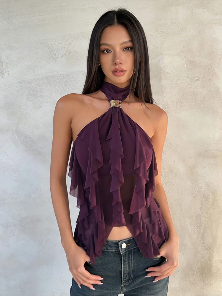 SIsterlinda Tierred Hottie Tank Top Women Sexy Irregular Hem Backless Halter Metal Buckle Patchwork Sleeveless Street Clubwear