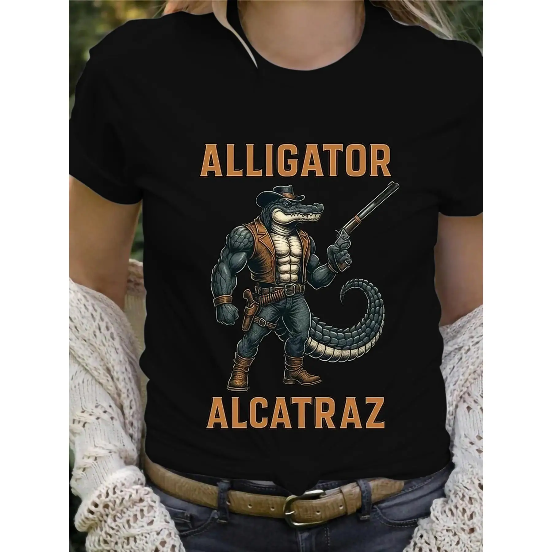 

"Alligator Alcatraz T-Shirt for Women | Cowboy Croc Western Graphic Tee | Funny Retro Streetwear Top | Animal Lover Gift"