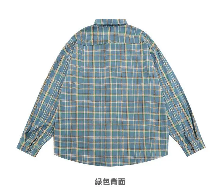 Khaki Plaid Y2K Sporty Cartoon Embroidery Blouses Button Up Shirts Students 3XL Long Sleeve Tops Korean Harajuku Kawaii Clothes