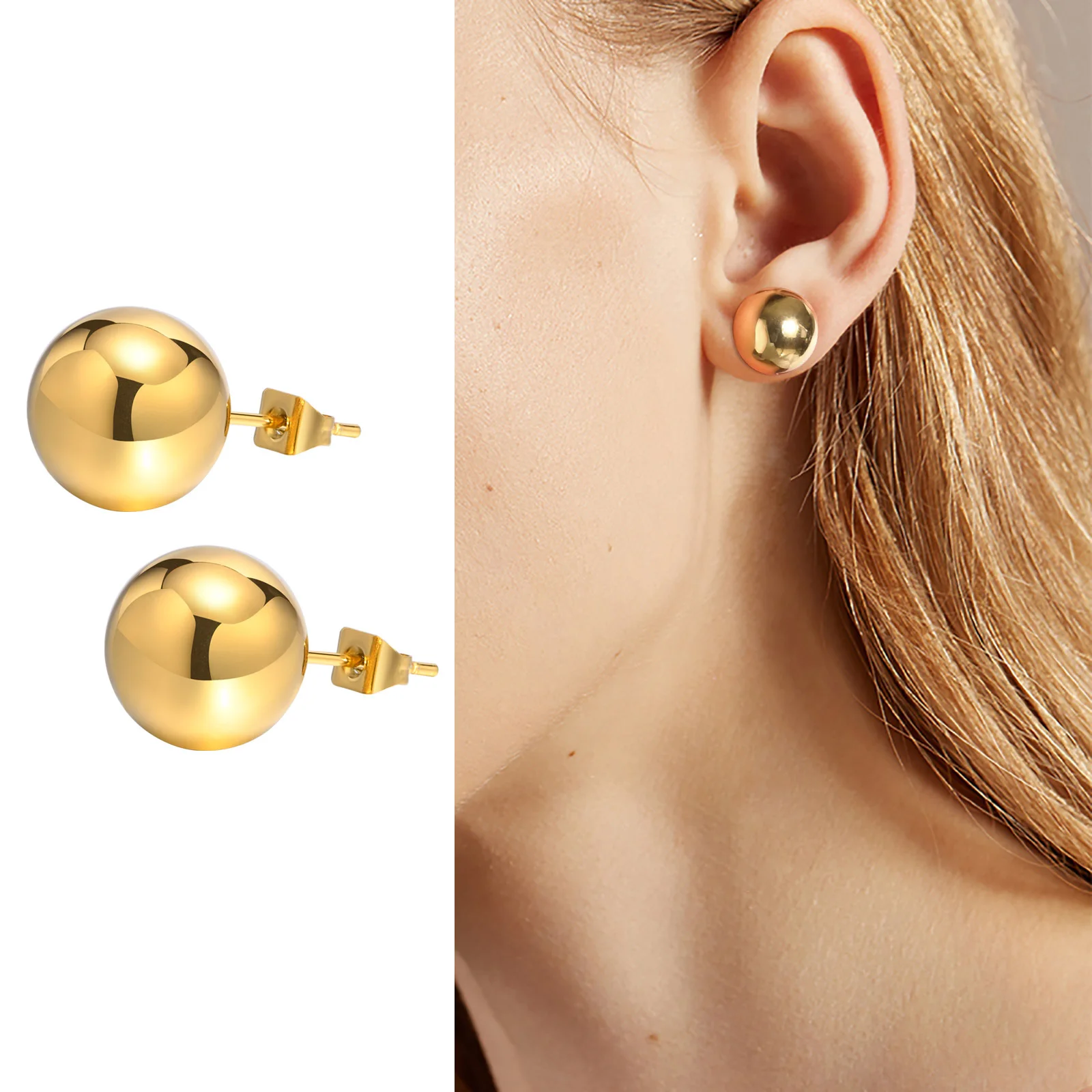 Vnox Gold Color Stainless Steel 12MM Ball Stud Earrings for Women Jewelry, Anti Allergy Metal Beads Ear Gift Accessories