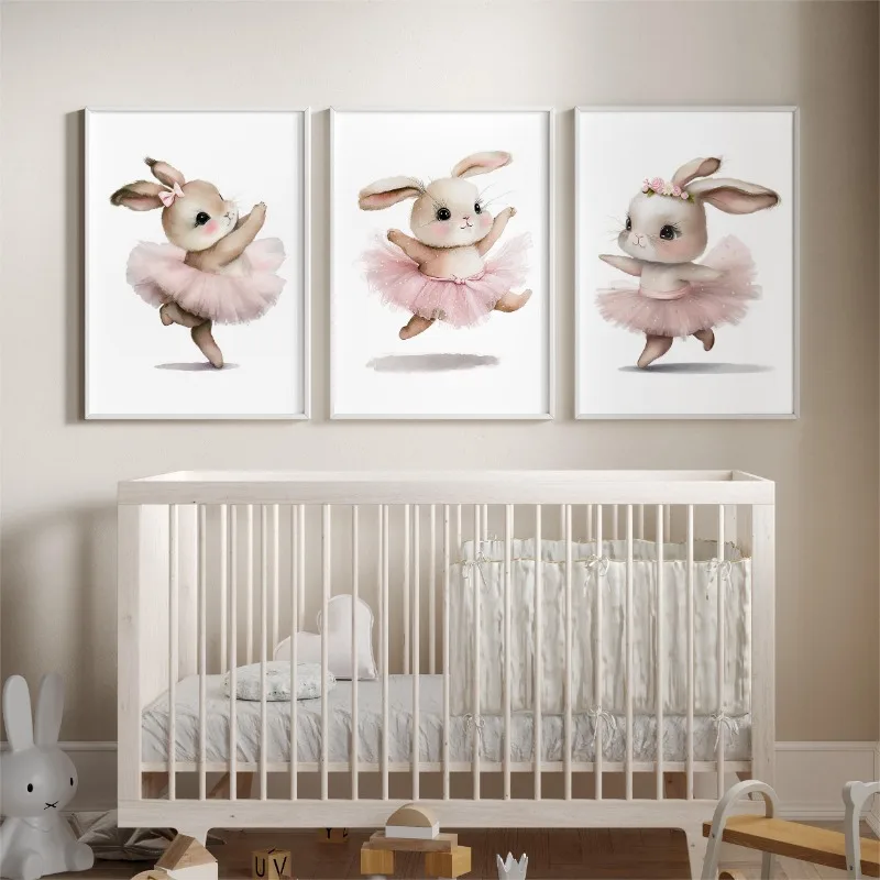 Cute Ballerina Bunny Ballet Woodland Animal Kid Posters and Prints Canvas Printing Wall Art Picture for Girls Room Nursery Decor