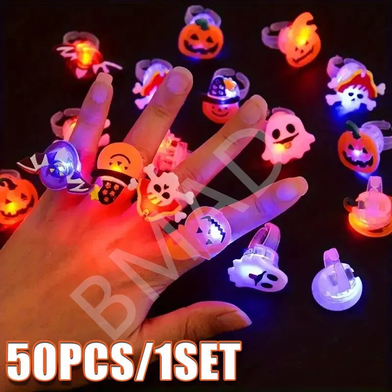 

50PCS Halloween Luminous Rings Cute Pumpkin Ghost Eye LED Flash Finger Rings for Halloween Party DIY Decorations