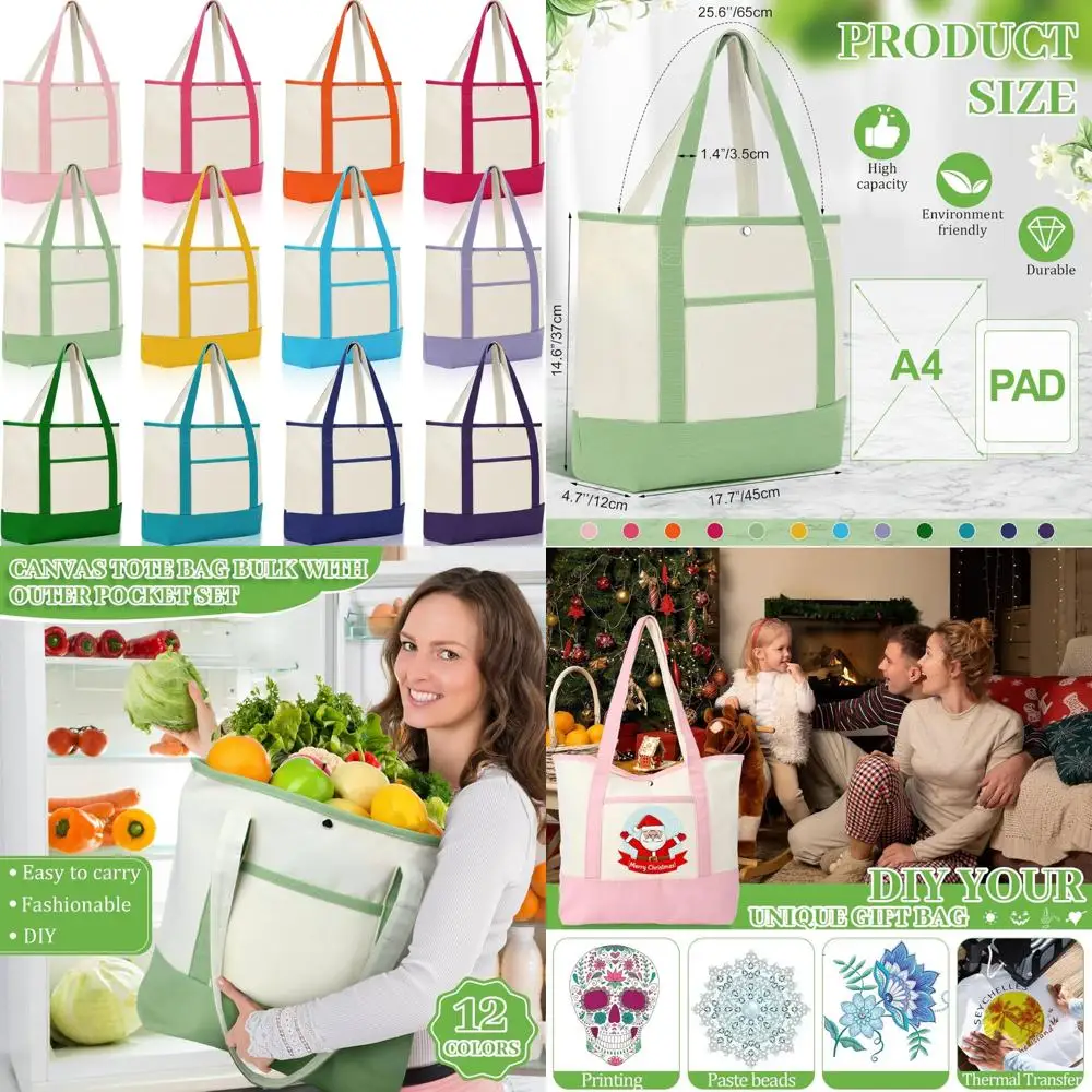 

Reusable Canvas Tote Bags Bulk, 12 Pack with Handles, Eco-Friendly Grocery Shopping Bags for Women, Moms, Beach, Work, School Us