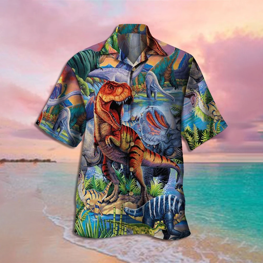 

HXMens Shirts Fashion Brand Cute Jurassic Dinosaur Printed Tops Casual Beach Men's Clothing Ropa Hombre Dropshipping