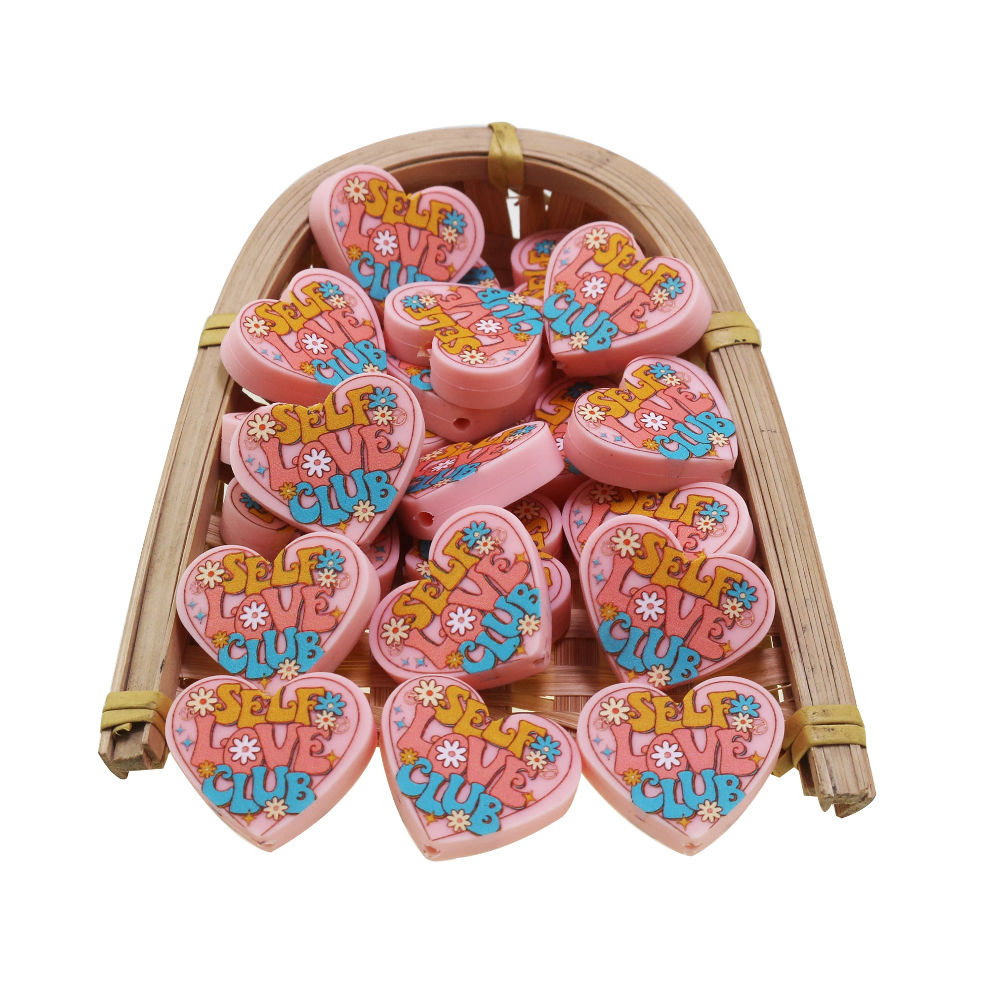 New 10Pcs Baby Pink Softball Teach Love Club Colorful Pattern Silicone Focal Beads Printed Heart Balls For DIY Pens Lanyards