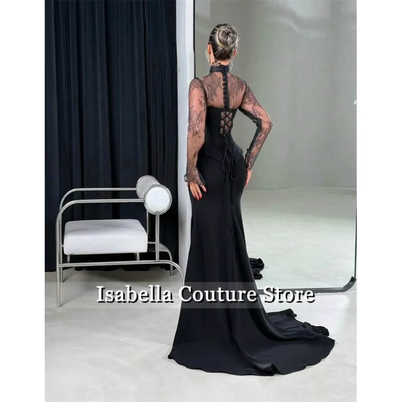 

Sexy Black Crepe High Collar Long Sleeves Saudi Arabia Formal Prom Dresses Corset Button Prom Gowns Customized