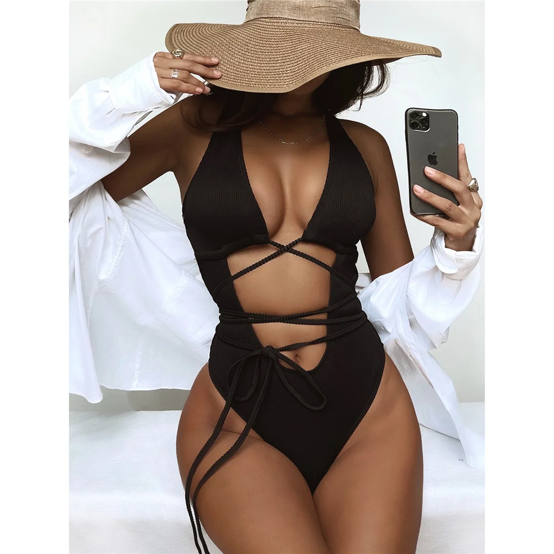 Rückenfreier, gerippter Monokini-Badeanzug mit Wickelriemen, einteiliger Badeanzug für Damen, Badebekleidung mit Ausschnitten im Bauchbereich, Badeanzug für Damen, V3578 – Detail 14