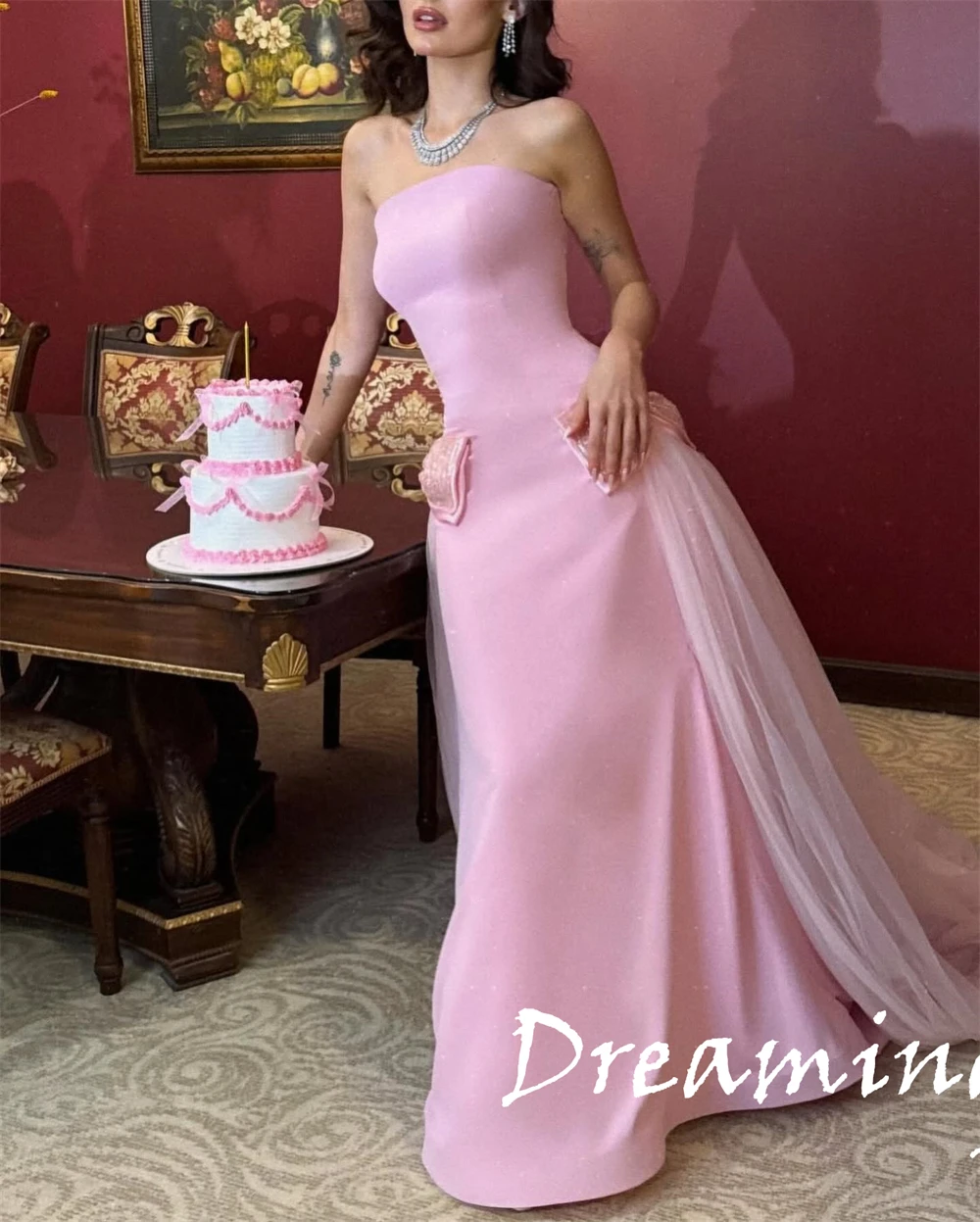 Robe de soirée en Jersey rose moderne, personnalisée, sans bretelles, sans manches, à la mode, tempérament, longueur au sol, célébrité