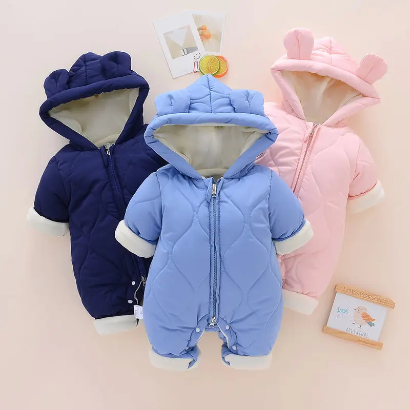 Newborn Down Jumpsuit Thicken Cotton No-Clean Rompers Boys Girls Solid Hooded Onesie Fleece Warm Bodysuit Winter 0-2 Years