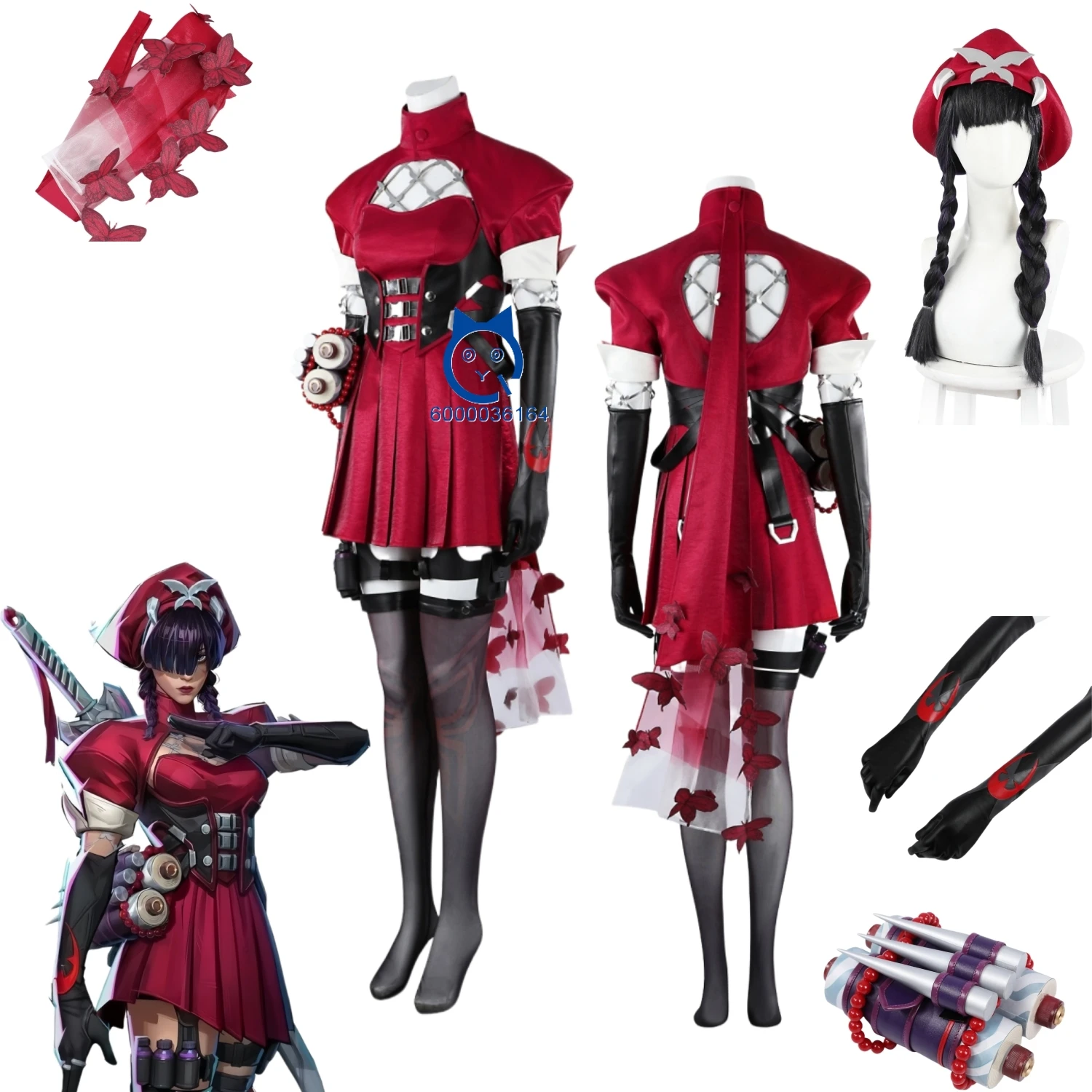

Popular Game Psylocke Cosplay Costume Red Ghost Hunter Design Top Pants Hat Props for Women Full Set Halloween Party Comic Con