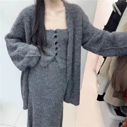 Fall Fashion Knit 3 Piece Sets Sexy Women Short Camis Tank Top&loose Sweater Cardigan&Long Skirt Black Pink Grey 3pc Dress Suits