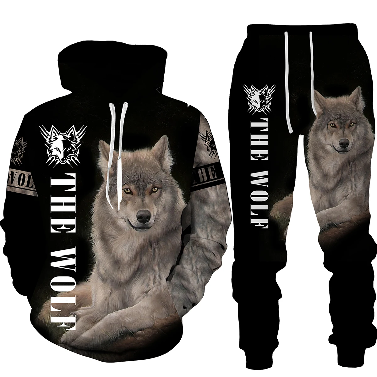 Moletom e moletom estampado em 3D masculino, padrão lobo animal, agasalho, streetwear extragrande, roupas esportivas, outono, inverno