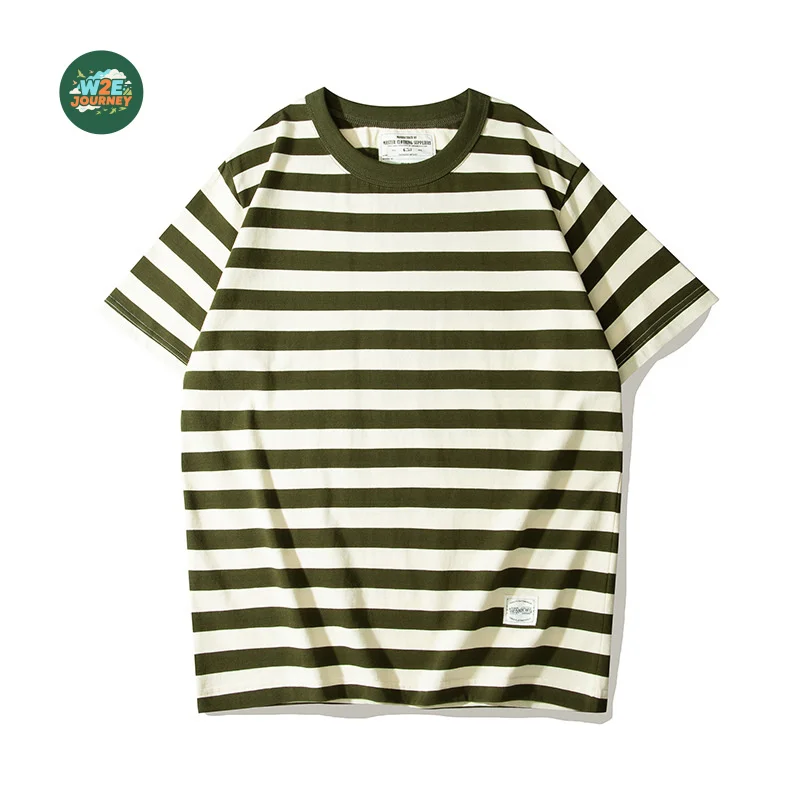 W2EJOURNEY قسط جودة الاتحاد الأوروبي الولايات المتحدة حجم 230 جرام الوزن الثقيل سميكة الجولة الرقبة تي شيرت خمر العمل الرجعية مخطط تي شيرتات قصيرة الاكمام #4