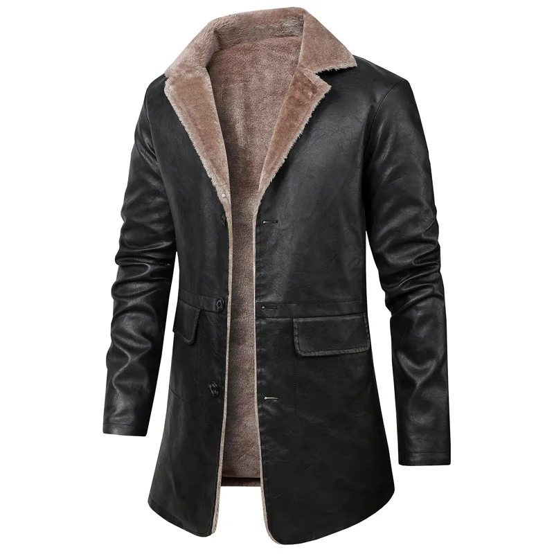 

Winter Men's Thick PU Leather Jacket Coat Long Outwear Fur Turn Down Collar Fashion Male Clothes Vintage Leather Jackets MY916
