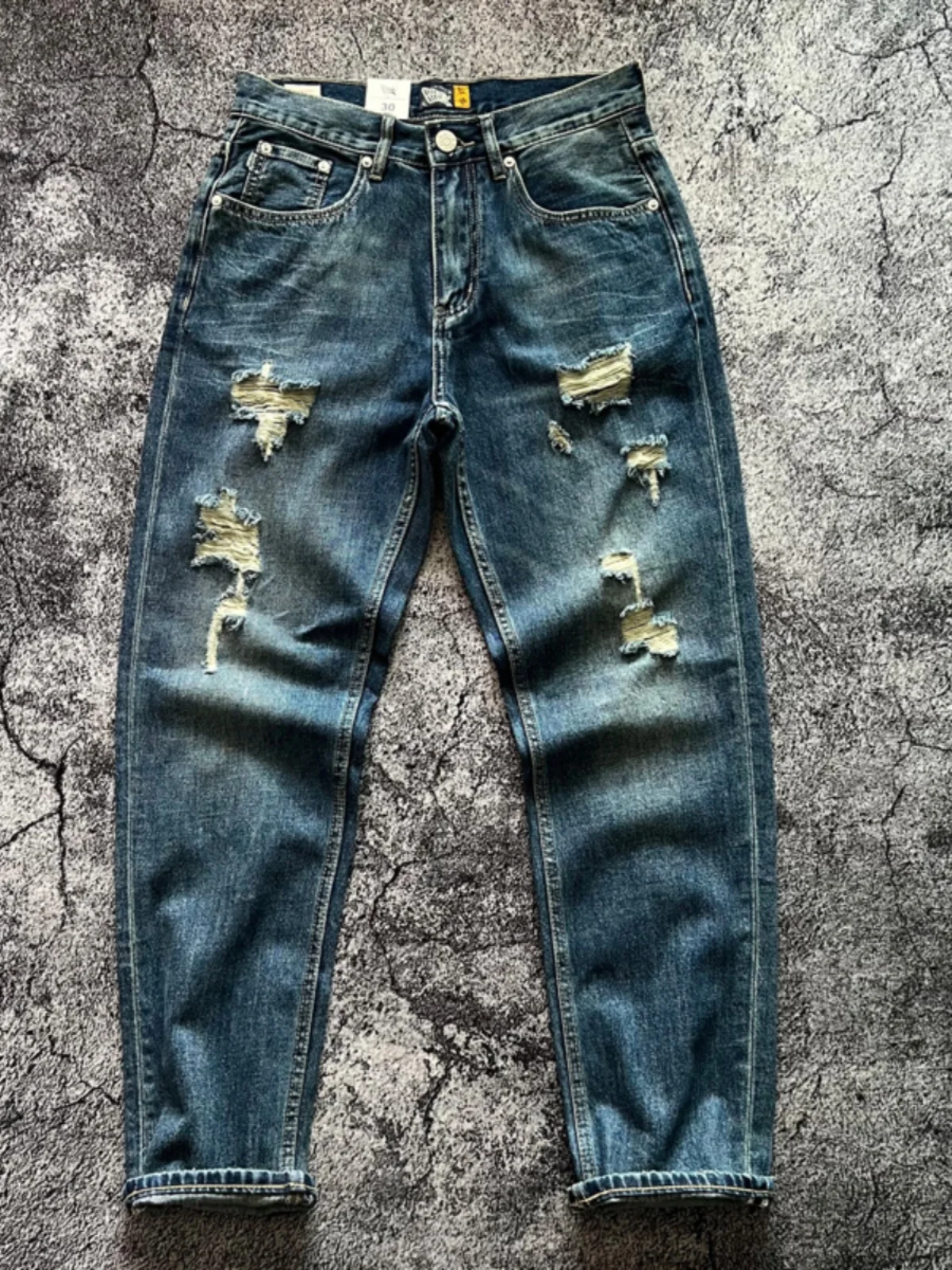 

Riff Ro Spring Summer Thin Material Retro Hole Casual Blue Straight Leg Jeans Youth Trendy Cotton Polyester Regenerated Fiber