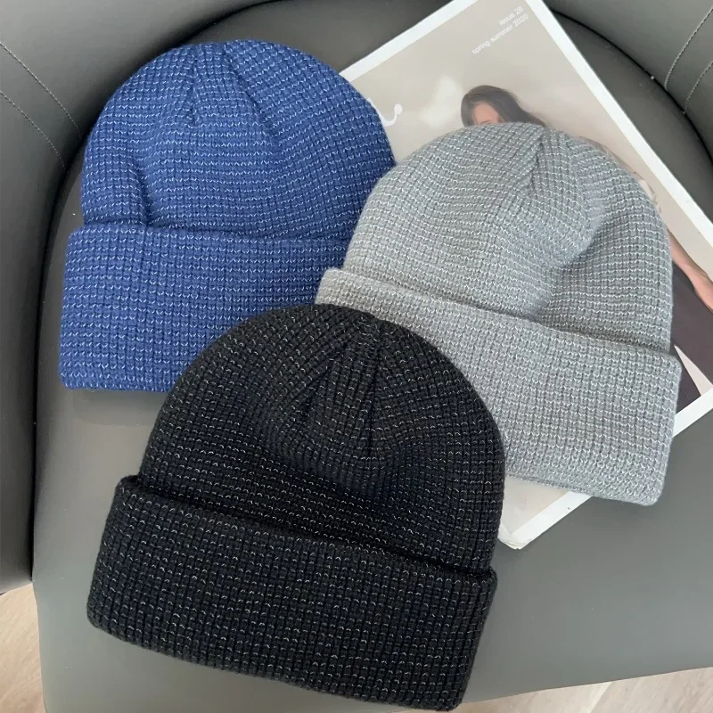 Unisex Reflective Beanie Hats Warm Autumn Winter Y2k Knit Street Skullies Cap Fashion Night Running Ear Protection Pullover Caps