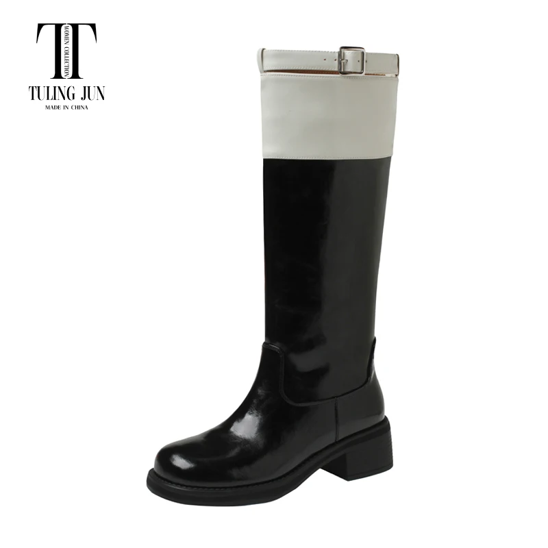 

TULING JUN 2023 Winter Women Concise Round Toe Med Heels Fashion Knee High Boots Mixed Color Zip Shoes For Female T-D-2280