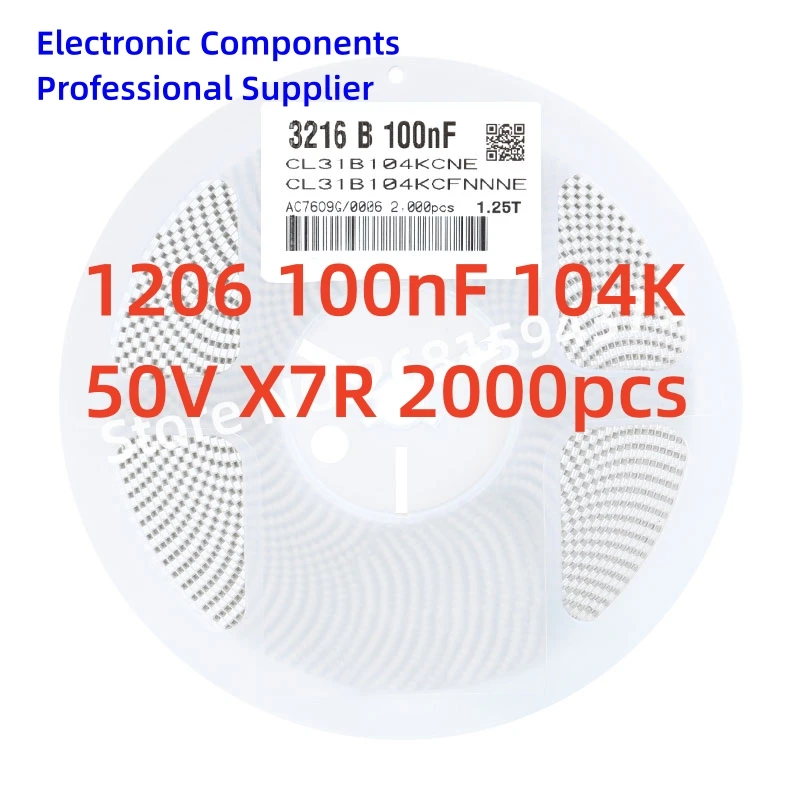 

2000pcs/reel SMD chip capacitor 1206 100nf 0.1uf 50V 3216 3.2X1.6mm 10% X7R CL31B104KBFNNNE NEW High quality 1 reel