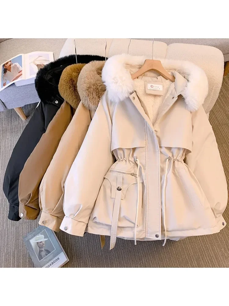 Damska kurtka puchowa z polarową podszewką, zimowy płaszcz z kapturem, ciepła parka z regulowanym ściągaczem, koreańska odzież codzienna streetwear, damska kurtka puchowa.