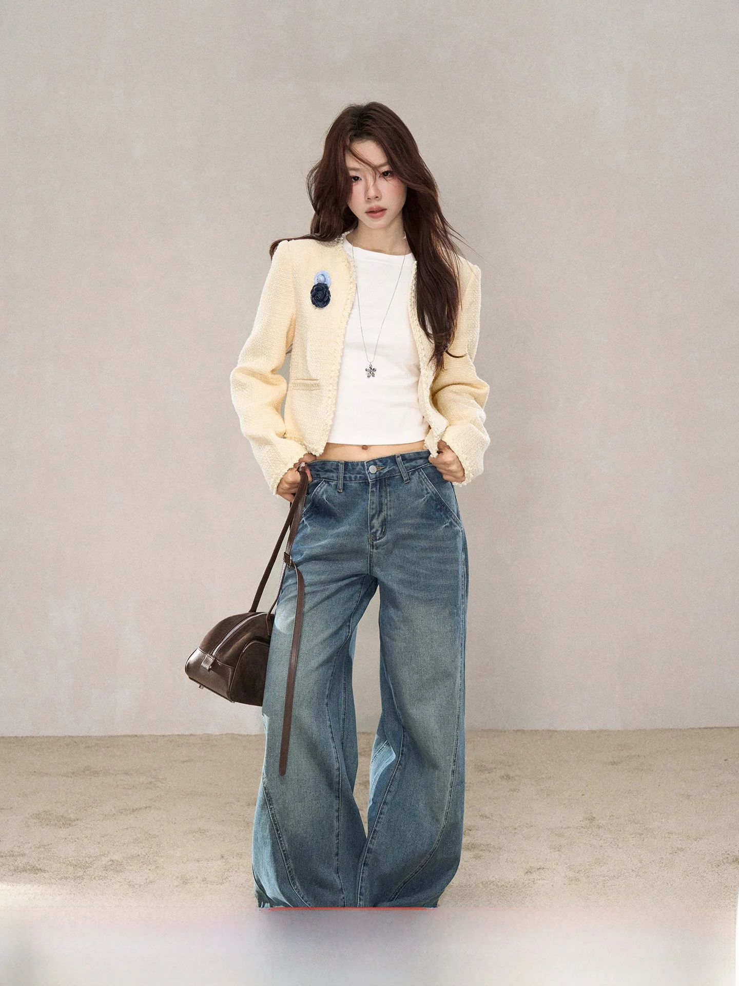 

Faionable Korean Sle round Ne ort Jaet Women's Clothing Small Wildberry Commute Sle Loose Fit Long Sve Top