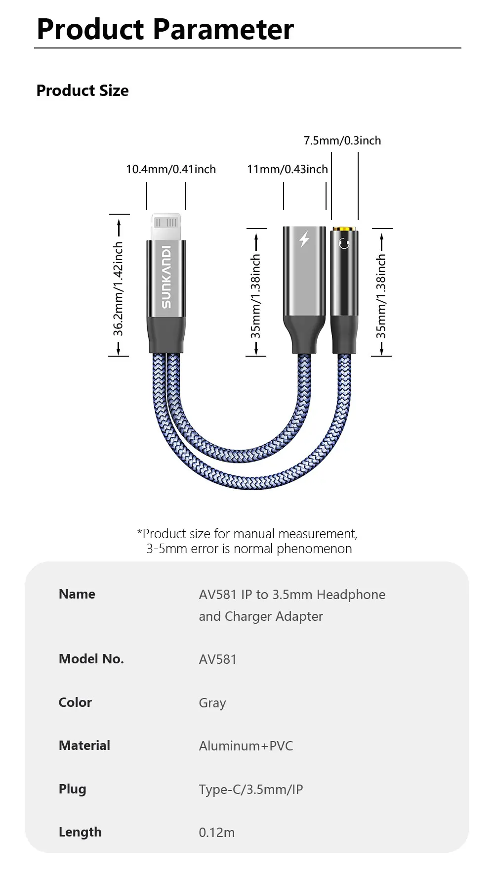 SUNKANDI 2 in 1 Dongle Adapter, Lightning to 3.5mm Headphone and Lightning to Dual Lightning Audio and Charging Ports Splitter