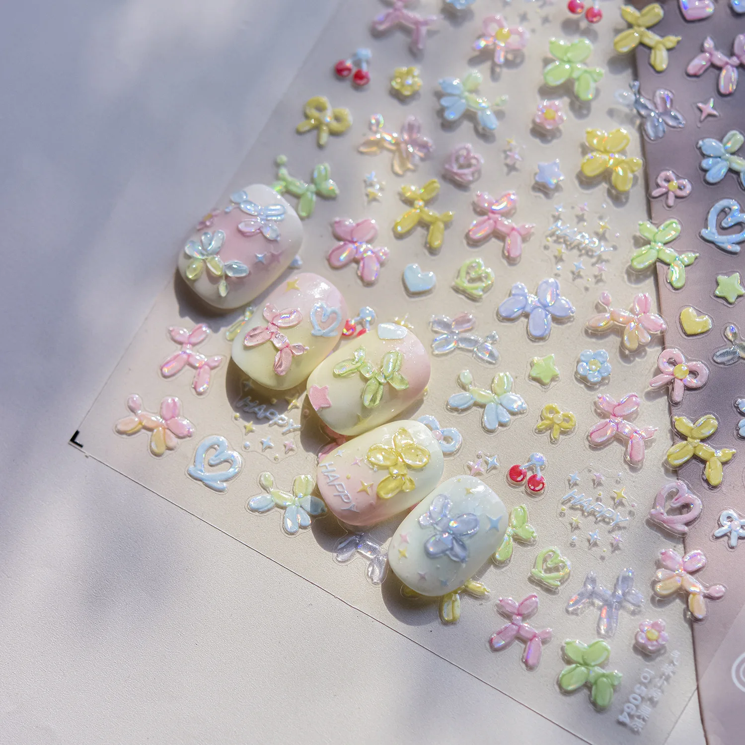 Balloon Puppy Jelly 5D Nail Art Stickers 3D Cute Love Bows Cherry Adhesive Nail Stickers Manicure Decals DIY Nail Accessories