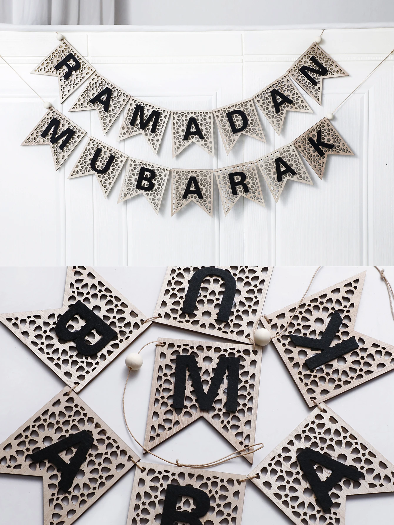 1Pc Wooden Ramadan Muslim Decor Banner Pull Flag Ramadan Kareem Hanging Ornaments Wooden Ornaments Eid Mubarak Happy Gift