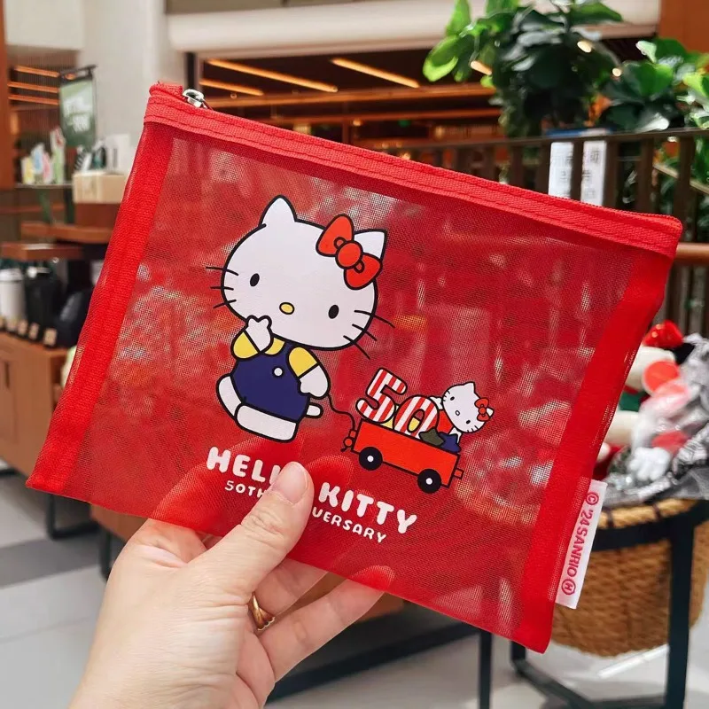 

Hello Kitty Mesh Cosmetic bag Kawaii Waterproof Clutch Bag Cartoon Printed Makeup Organizer Large Capacity Toiletry bag
