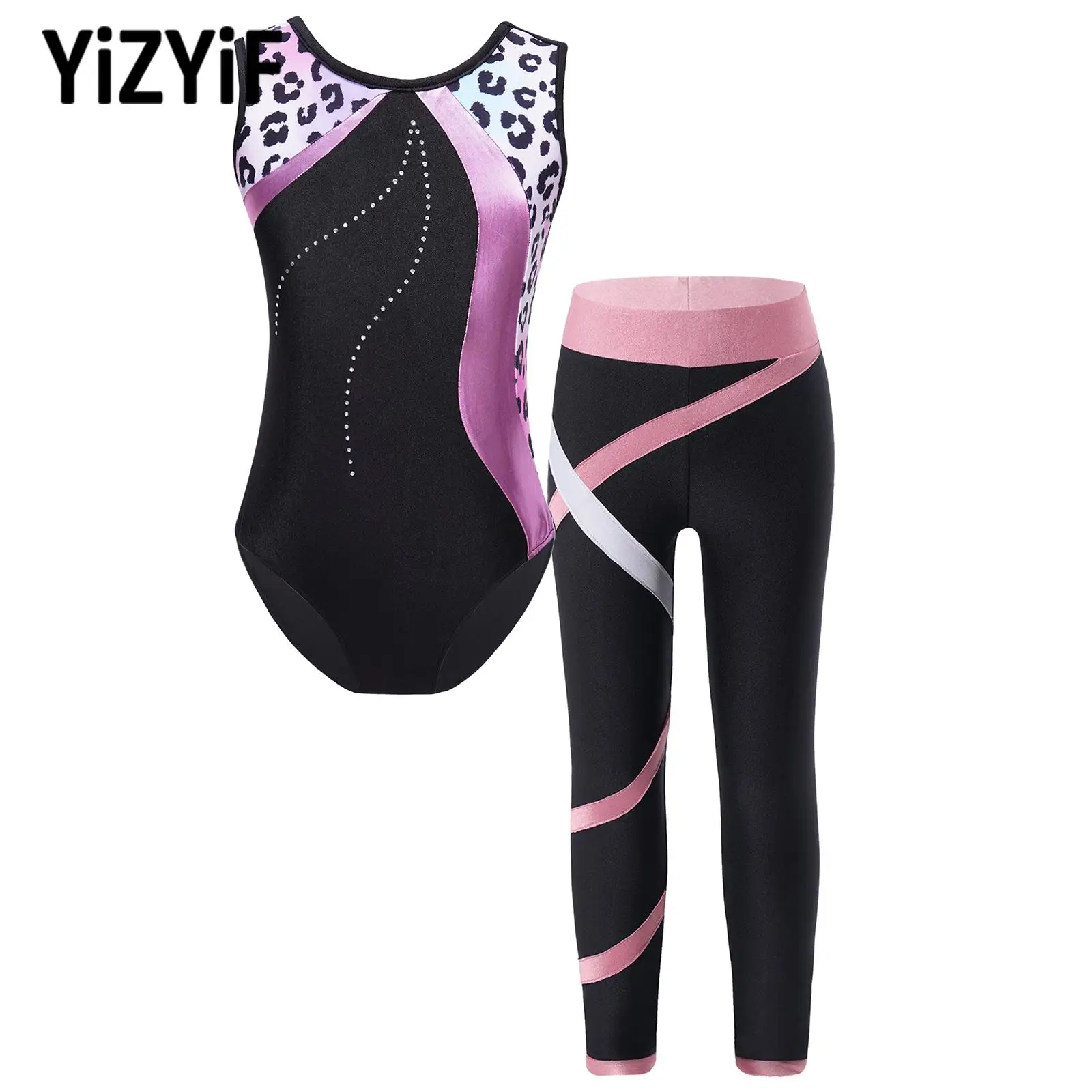 

Kids Girls Ballet Leotards Dancewear Sleeveless Printed Dance Leotard Bodysuit with Leggings for Gymnastics Dancing Performance