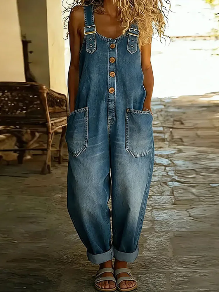 Women Casual Button Pocket Loose Jumpsuit Summer Outdoor Solid Color Long Pants Playsuit Retro V-neck Sleeveless Camisole Romper