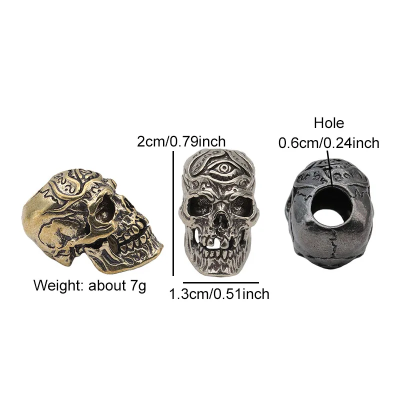 Three Eyes Skull Head Brass Knife Beads EDC Outdoor DIY Paracord Accessories Woven Lanyard Pendant Jewelry Punk Bracelets Charms