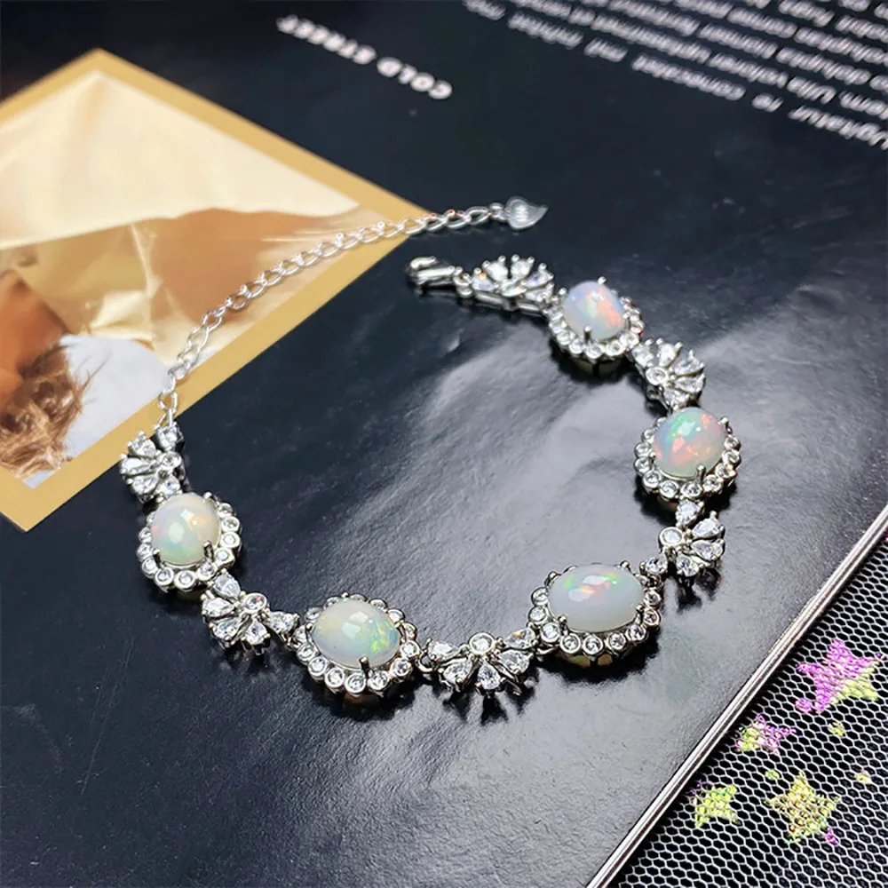 

Opal Bracelet S925 Sterling Silver Inlaid Opal Luxury Vintage Style Natural Opal Woman Does Not Fade