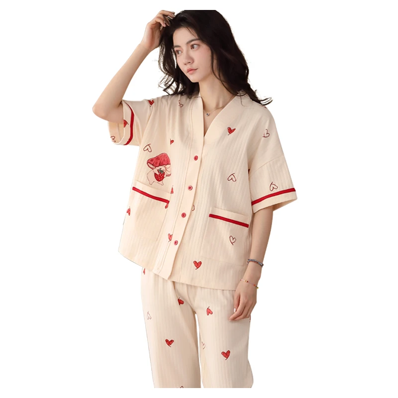 2025 Girl Summer Cotton Sweet Heart Shape Print V-neck Short Sleeve Cardigan Pajamas Set New Pants Loose Thin Simple Loungewear