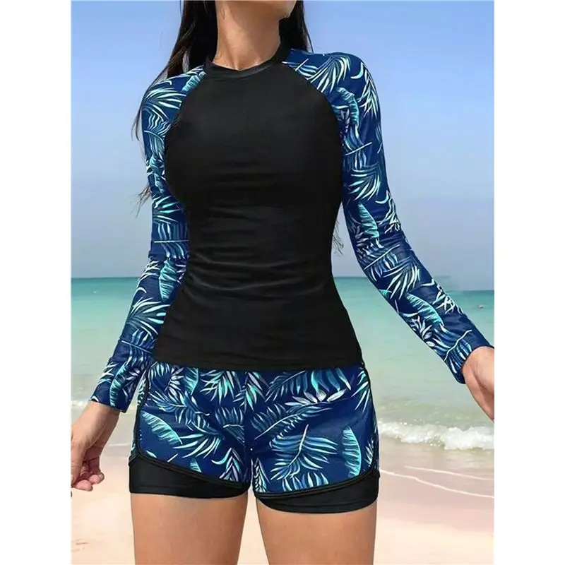 Rash Guard à manches longues pour femme – Maillots de bain 2 pièces avec soutien-gorge intégré, chemise et short de bain