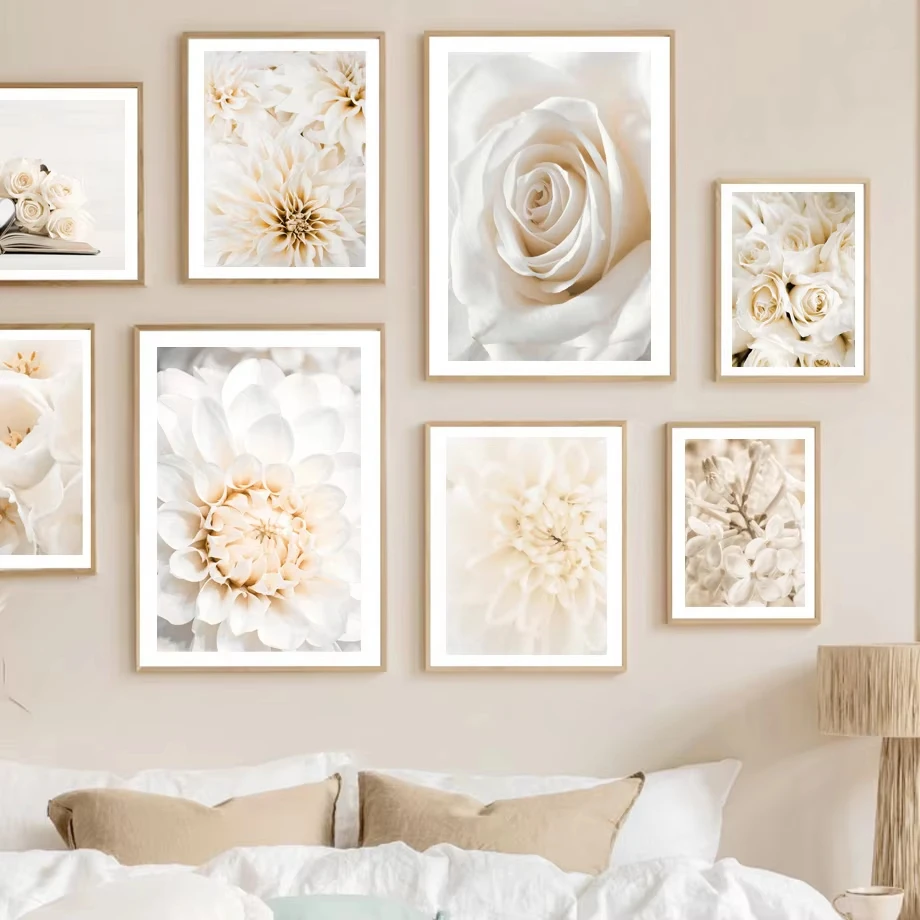 Beige Blooming Dahlias Roses Book FlowersWall Art Canvas Painting Nordic Posters and Prints Living Room Home Decoration Pictures