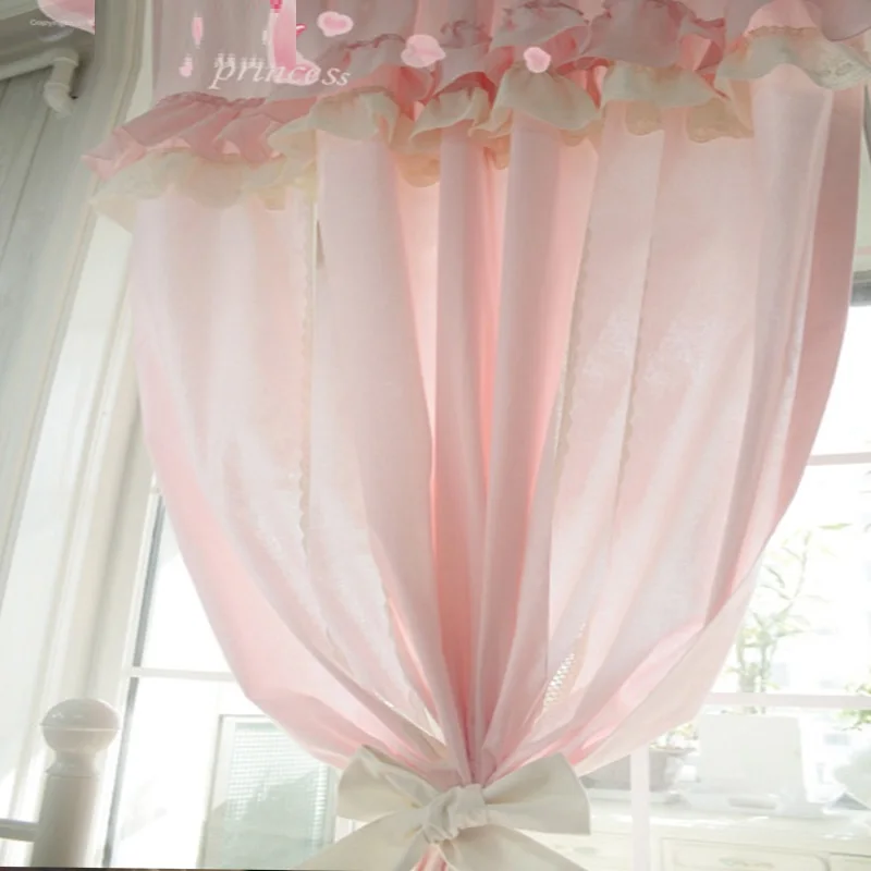 2 pcs 100% Cotton Romantic Princess Curtains for Girl\'s Bedroom Sweet Pink Cortinas with Valance Bowties Pastoral Ruffles Drapes