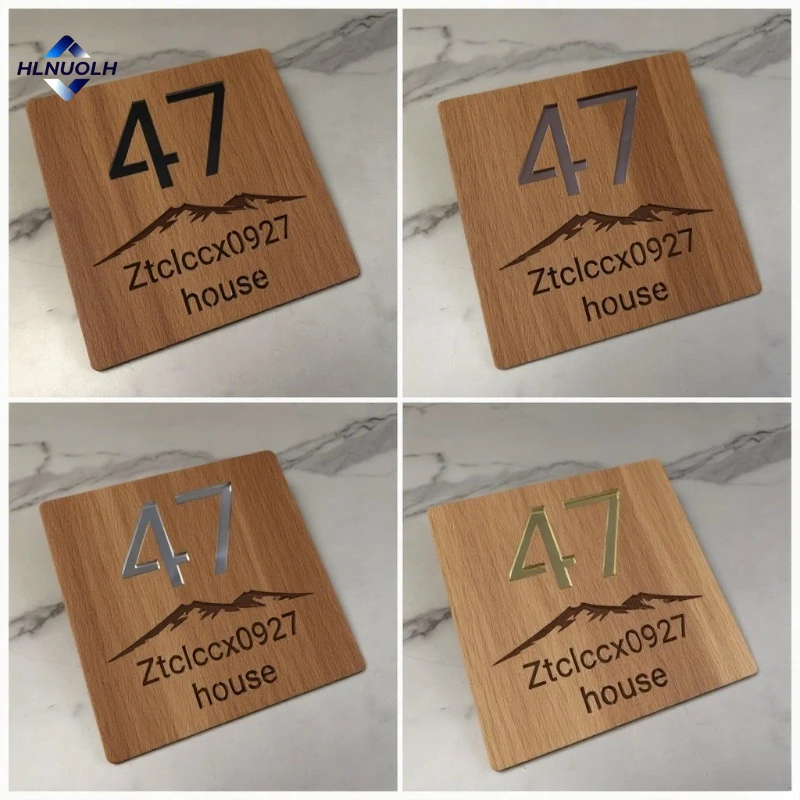 

Custom Personalized Retro Wooden Door Number Plate – Laser Engraved Outdoor Sign with Mountain Icon for Home Wall Decoration